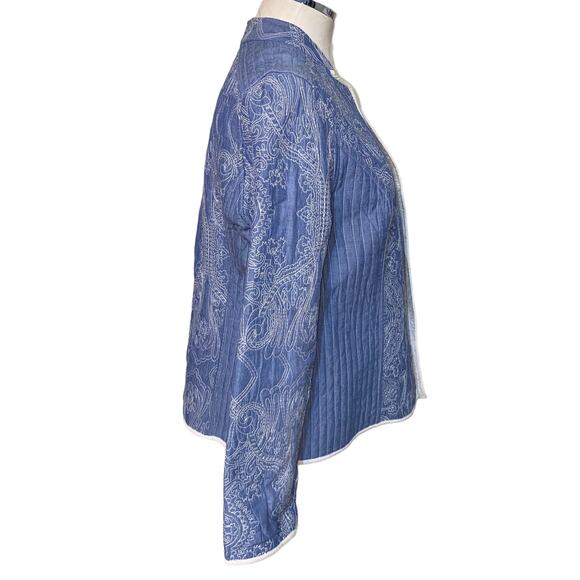 Chico's Embroidered Quilted Chambray Open Front Jacket Blue Medium - Picture 3 of 6
